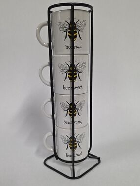 Bumblebee Stackable Expresso Mug Set Bee Motif Motivational Phrases 3 Oz. Each